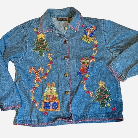 New Directions Christmas Embroidered Jean Jacket - Picture 4 of 4